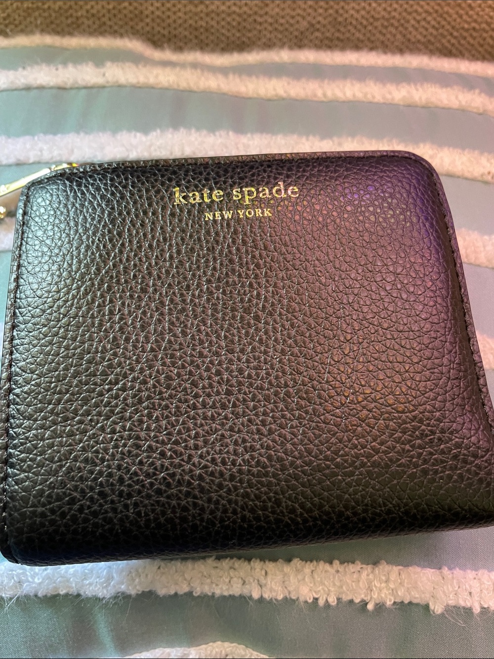 kate spade Black Pebbled Leather Zip Wallet with Gold Logo
